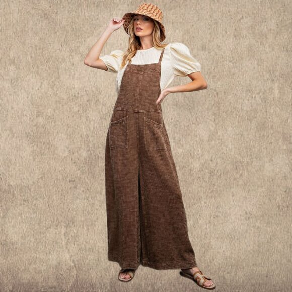 EASEL "Here I Am" Mineral Washed Wide Leg Jumpsuit Adjustable Tie Straps Pockets - Picture 9 of 16